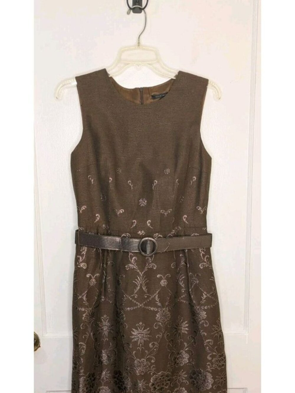 Size 6 David Meister Brown Metallic Sheath Dress Belted Pockets